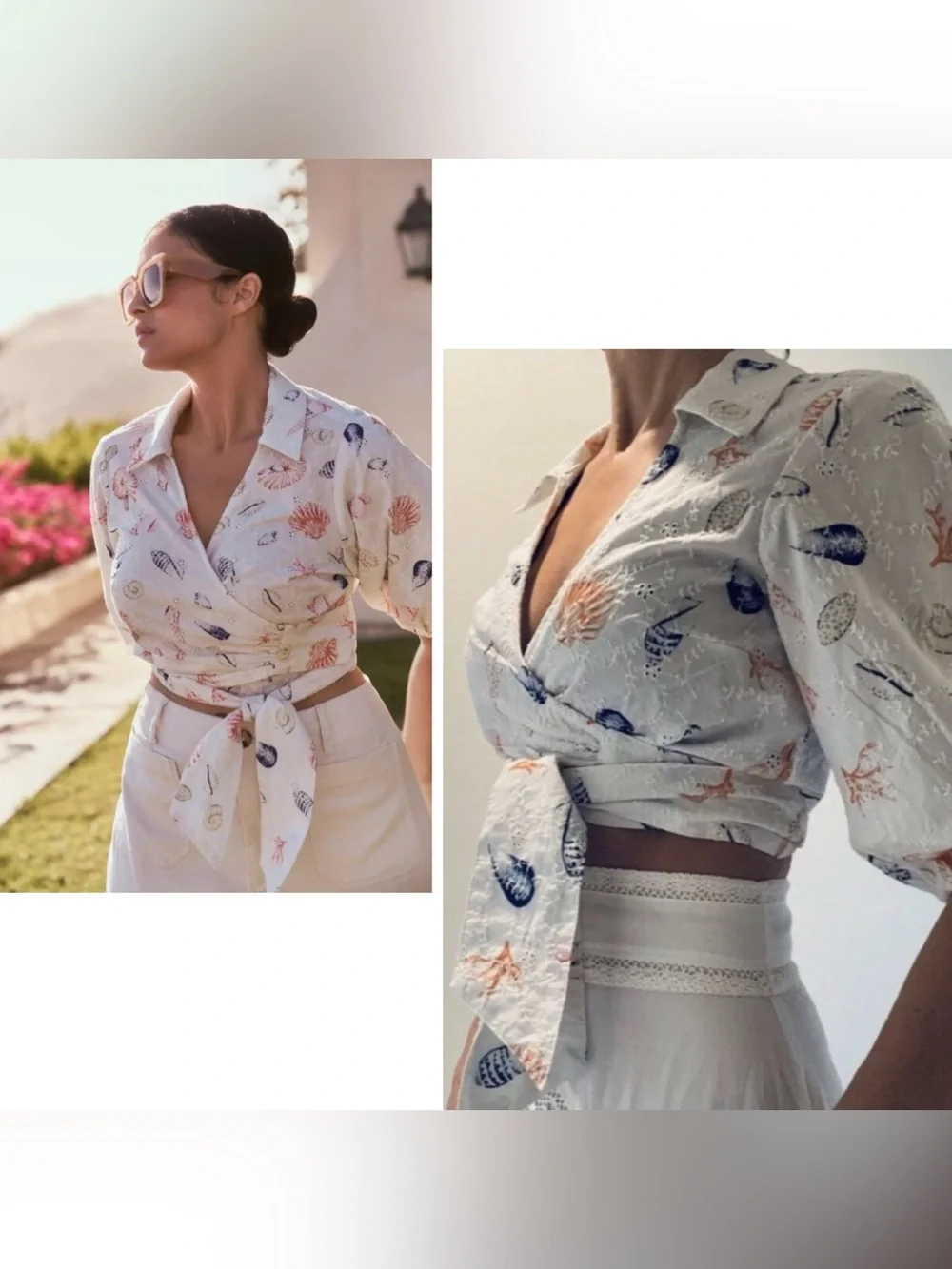 Anthro β Maeve Puff Sleeve Cotton Eyelet Wrap Crop Top White Seashell XS Petite - Picture 3 of 16